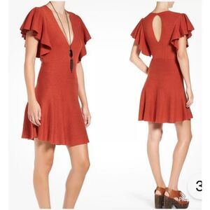 Free People flutter sleeve flare Knit dress XS rusty red brown